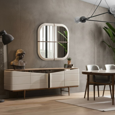Esszimmer Set Beige Anrichte Rechteckiger Spiegel Luxuriöse Holz Möbel
