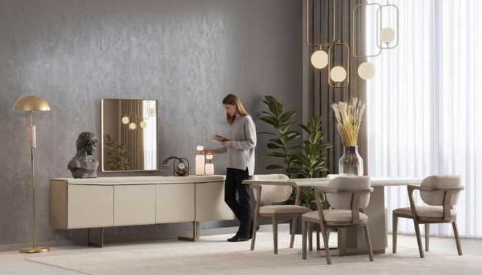 Beige Esszimmergarnitur Designer Esstisch Polsterstühle Luxus Anrichte