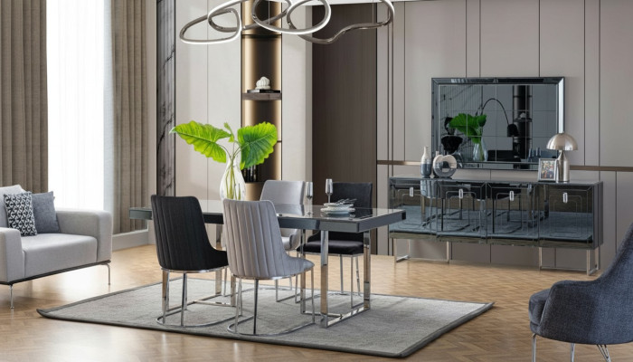 Moderne Esszimmer Möbel Holzesstisch 4x Textilstühle Anrichte Spiegel