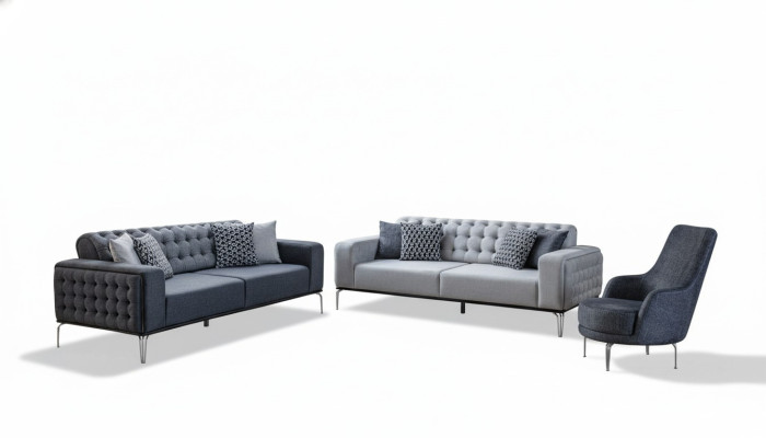 Chesterfield Graue Sofagarnitur Wohnzimmer Couchen Dreisitzer+Sessel