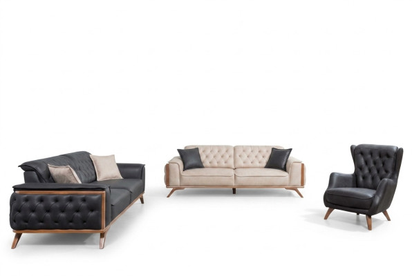Stilvolle Schwarz-Beige Wohnzimmer Sofagarnitur 3+3+1 Sitzer 3tlg Set