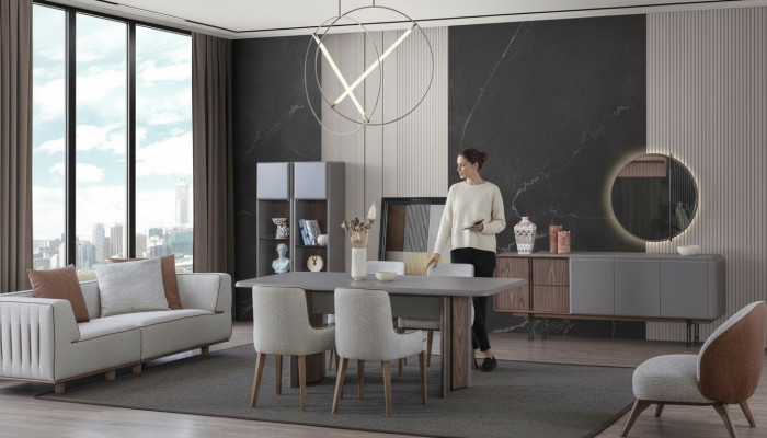 Esszimmer Set Besteht aus Esstisch 4x Stühle und Anrichte mit Spiegel 7tlg.