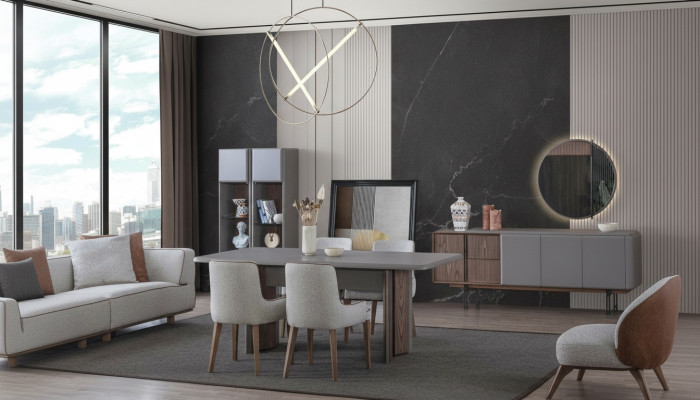 Esszimmer Set Besteht aus Esstisch 4x Stühle und Anrichte mit Spiegel 7tlg.