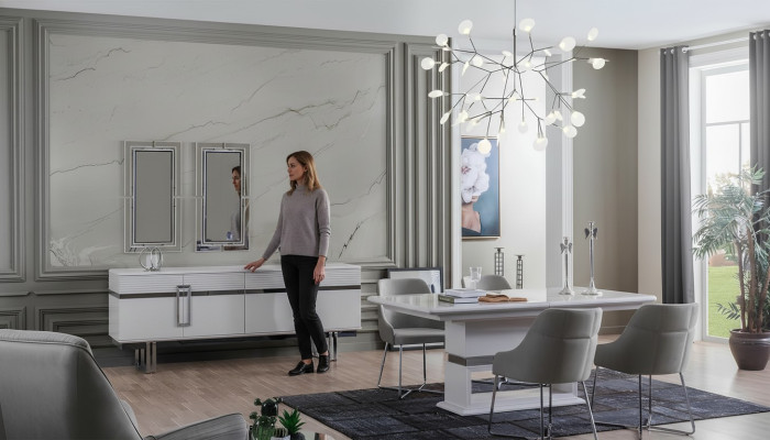 Design Esszimmer Set Esstisch + 4x Stühle + Anrichte mit 2x Spiegel 8 tlg