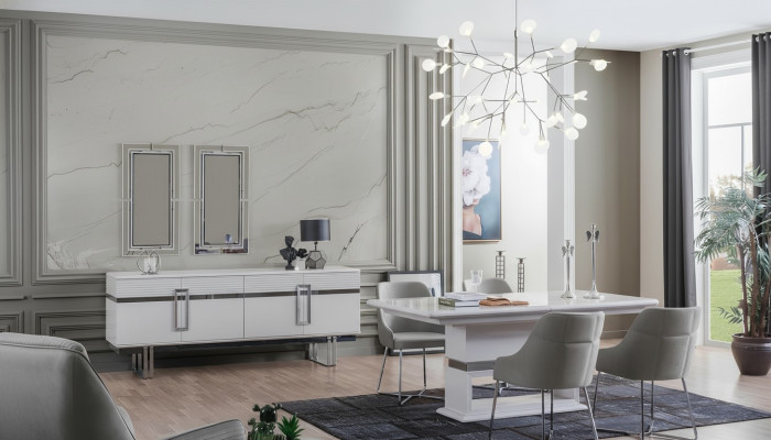 Design Esszimmer Set Esstisch + 4x Stühle + Anrichte mit 2x Spiegel 8 tlg