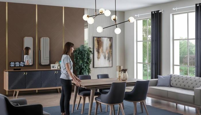 Luxus Esszimmer Set Esstisch + 4x Stühle + Anrichte mit 2x Spiegel Neu