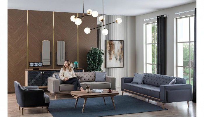 Luxus Modern Wohnzimmer Set 4tlg. 4 sitzer Sessel couchtisch Holz Möbel