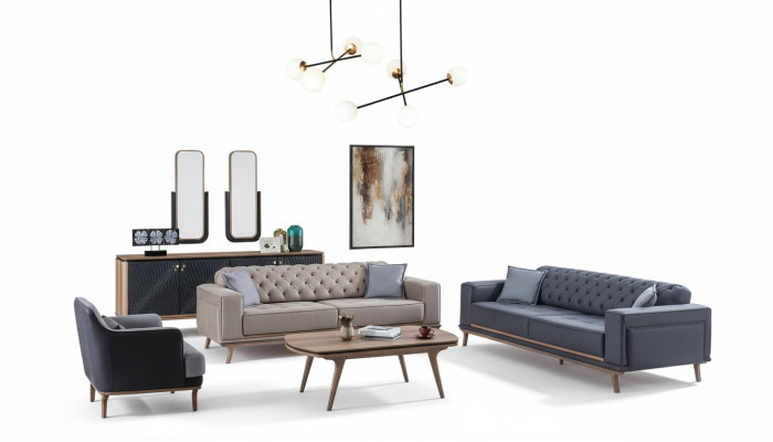 Luxus Modern Wohnzimmer Set 4tlg. 4 sitzer Sessel couchtisch Holz Möbel