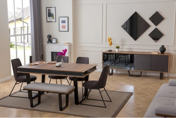 Esszimmer Set Esstisch 4x Stühle Bank Sideboard Essgruppe 3x Spiegel 10tlg