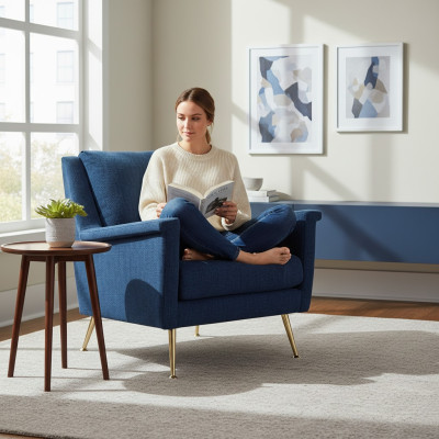 Design Luxus Blau Chair Sessel Sofa 1 Sitzer Fernseh Sofa Stoff Textil