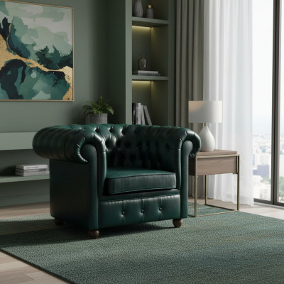 Chesterfield Dunkelgrüner Sessel Lounge Wohnzimmer Fernseh Einsitzer