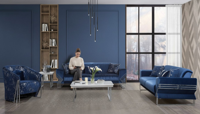 Wohnzimmer Blaue Couchgarnitur Designer Dreisitzer Sessel Couchtisch