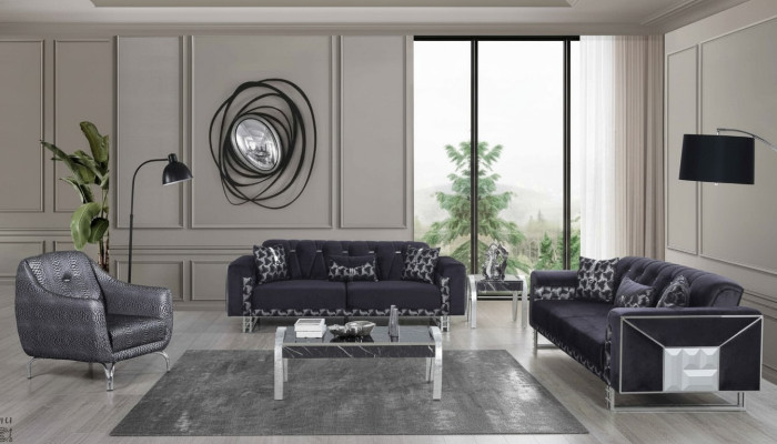 Schwarz-Graue Wohnzimmer Sitzgarnitur Designer Sofas Beistelltisch 5tlg