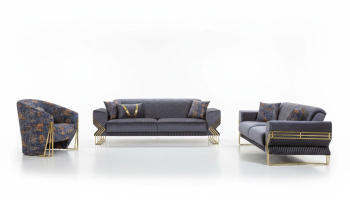 Luxuriöse Graue Chesterfield Polster Sofagarnitur Wohnzimmer 3-Sitzer Textil Sessel