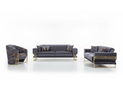 Luxuriöse Graue Chesterfield Polster Sofagarnitur Wohnzimmer 3-Sitzer Textil Sessel