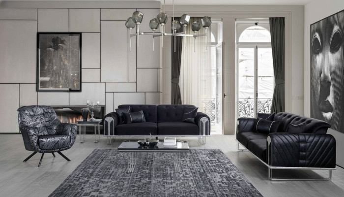 Schwarz-Graue Wohnzimmer Sitzgarnitur 3-Sitzer Sessel Sofagarnitur 3tlg