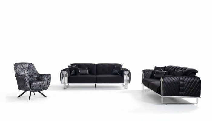 Schwarz-Graue Wohnzimmer Sitzgarnitur 3-Sitzer Sessel Sofagarnitur 3tlg