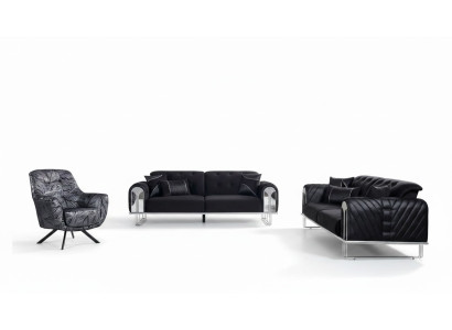 Schwarz-Graue Wohnzimmer Sitzgarnitur 3-Sitzer Sessel Sofagarnitur 3tlg