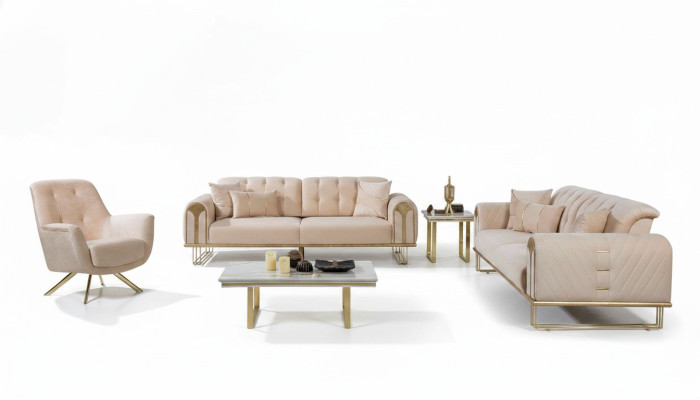 Moderne Beige Wohnzimmer Sofagarnitur x2 3-Sitzer Polstersessel 3tlg