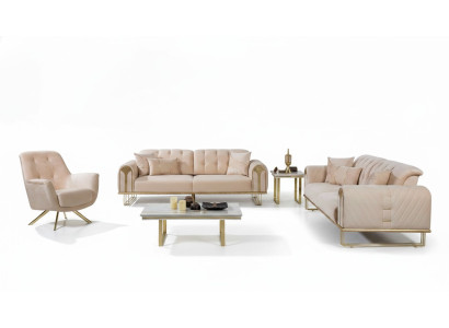 Moderne Beige Wohnzimmer Sofagarnitur x2 3-Sitzer Polstersessel 3tlg