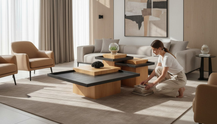 Braun-Schwarze Wohnzimmer Couchtischgarnitur 3x Kaffeetische Holz Möbel