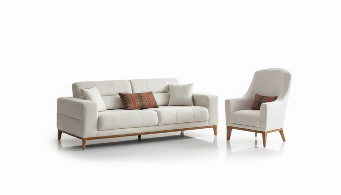 Weiße Exklusive Wohnzimmer Textil Garnitur 3-Sitzer Luxus Sessel 2tlg