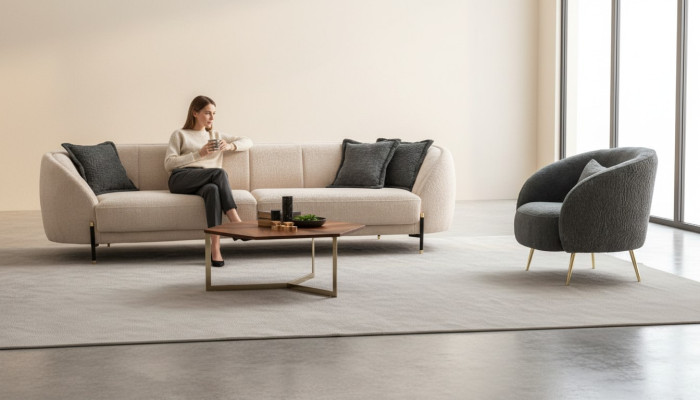 Modern Sessel Polster Sofa 3 Sitzer Beige Hochwertig Sofas Design Textil neu