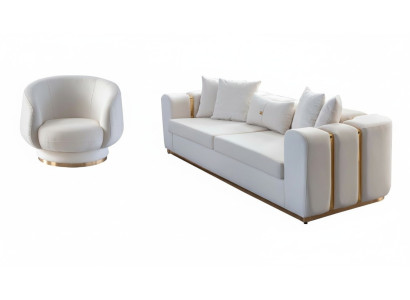 Weißes Wohnzimmer Sofa Set Polstermöbel 4-Sitzer Textil Lehnsessel 2tlg