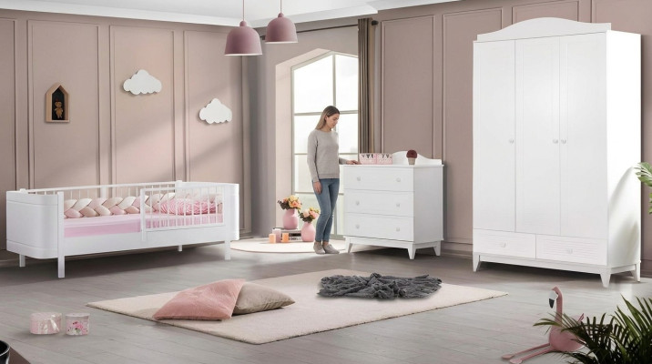 Modern Jugendzimmer Kinderzimmer Weiß Set luxuriöse Bett Kleiderschrank