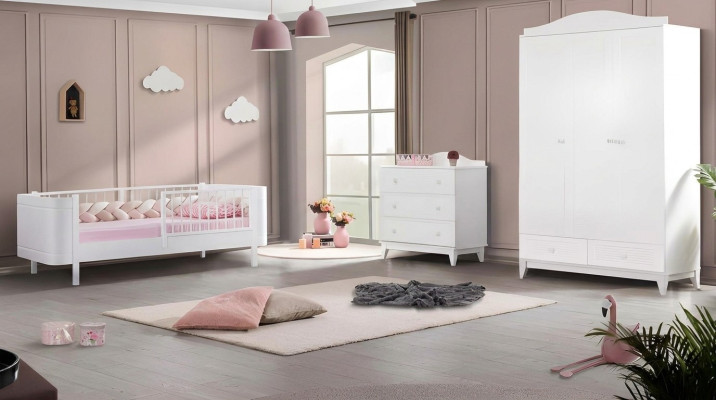 Modern Jugendzimmer Kinderzimmer Weiß Set luxuriöse Bett Kleiderschrank Kommode