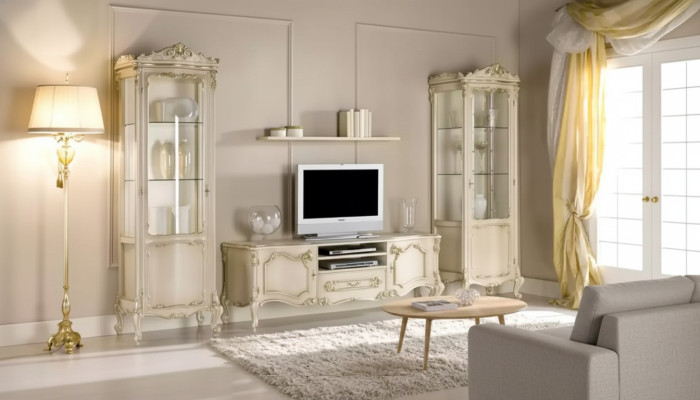 Wohnzimmer Wohnwand Set Gruppe Lowboard Vitrine 4tlg. Holz Möbel Regal