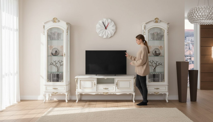 Set 3tlg. Wohnwand TV-Ständer 2x Vitrine Italienische Stil Möbel Weiß