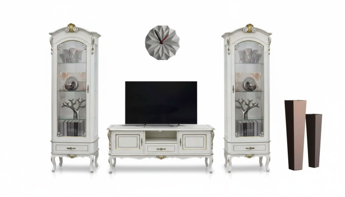 Set 3tlg. Wohnwand TV-Ständer 2x Vitrine Italienische Stil Möbel Weiß