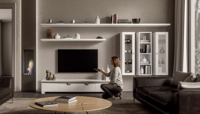 Wohnzimmer Lowboard Wohnwand Holz Schrank Design Weiß Modern Set 6tlg.