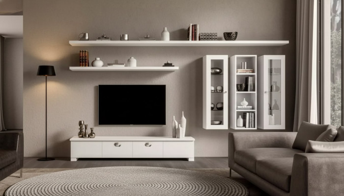 Wohnzimmer Lowboard Wohnwand Holz Schrank Design Weiß Modern Set 6tlg.