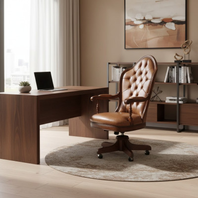 Bürostuhl Holz Chef Sessel Chesterfield Italien Möbel Braun Drehbar Neu