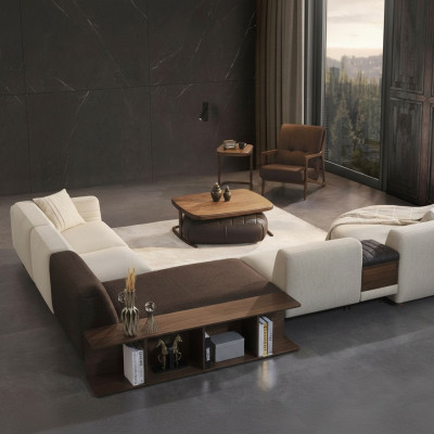 Wohnzimmer Garnitur Ecksofa U-Form Neu Sessel Luxus Holz Couchtisch Hocker