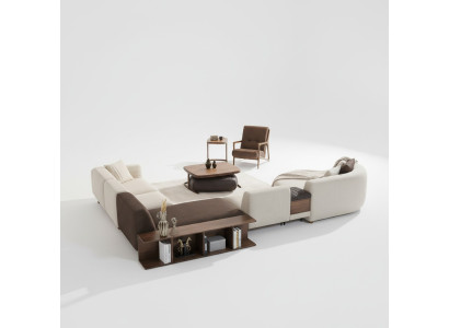 Wohnzimmer Garnitur Ecksofa U-Form Neu Sessel Luxus Holz Couchtisch Hocker