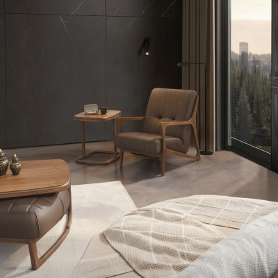 Braun Sessel Polster Möbel Wohnzimmer Holz Einrichtung Luxus Textil Neu