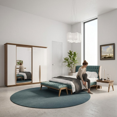 Komplett Schlafzimmer Bett 2x Nachttische Modern Kleiderschrank Bank Neu