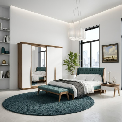 Komplett Schlafzimmer Bett 2x Nachttische Modern Kleiderschrank Bank Neu