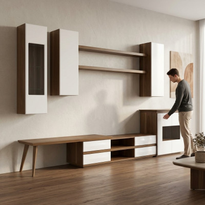 Wohnzimmer Komplett Set 7tlg TV-Ständer + Couchtisch Holzmöbel Vetrine Modern