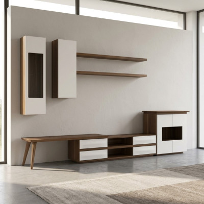 Wohnzimmer Komplett Set 7tlg TV-Ständer + Couchtisch Holzmöbel Vetrine Modern