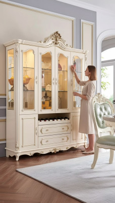 Vitrine Holz klassische Wohnzimmermöbel neue Luxus Interieur perlweiß