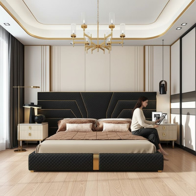 Designer Bett Betten Polsterbett Metall Gold 180x200 Ehebett Doppelbett