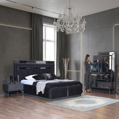 Komplettes Schwarzes Schlafzimmer Set Luxus Doppelbett Nachttische 4tlg