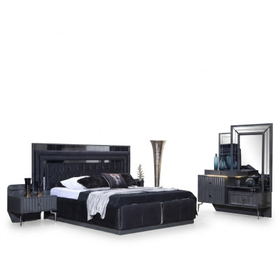 Komplettes Schwarzes Schlafzimmer Set Luxus Doppelbett Nachttische 4tlg