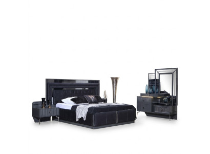 Komplettes Schwarzes Schlafzimmer Set Luxus Doppelbett Nachttische 4tlg
