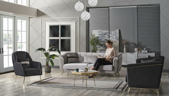 Sofagarnitur 3+3+1 Sitzer Textil Holz Sofa 3 Sitzer Modern Sessel Komplett Set Eu