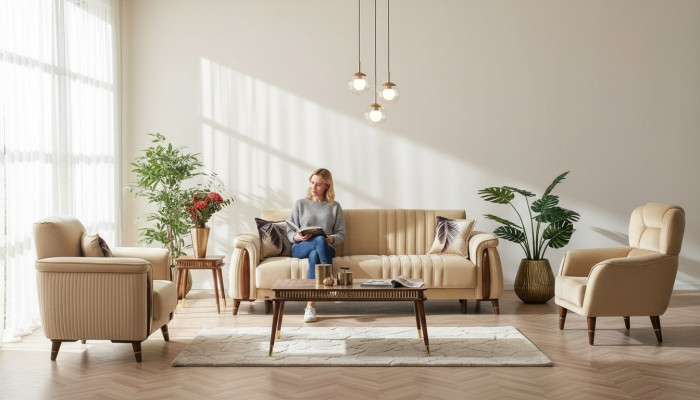 Sofagarnitur 3+3+1 Sitzer Wohnzimmer Set Komplett Textil Sofa Sessel Holz Beige